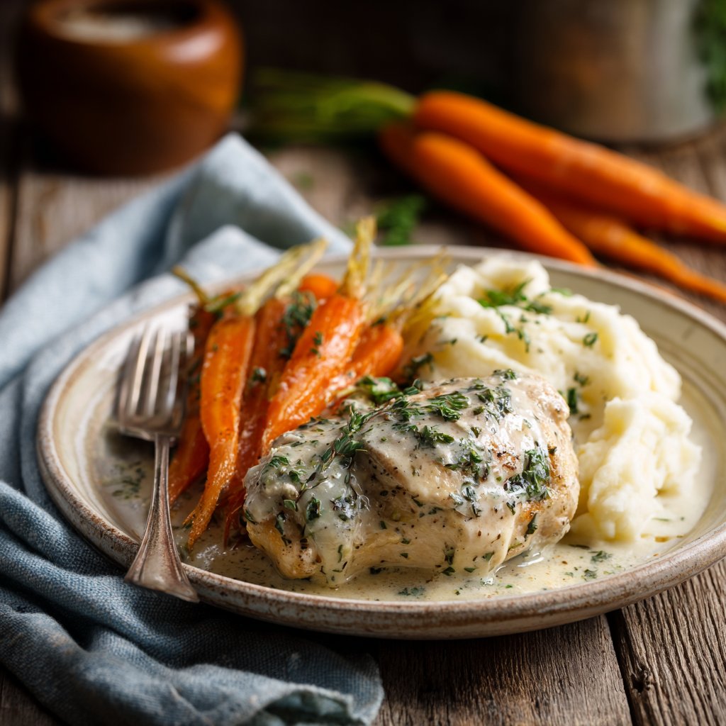 Creamy Herb Chicken with Mashed Potatoes and Carrots
