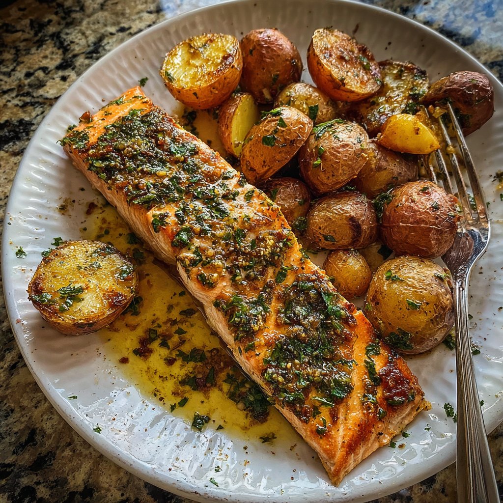 Garlic Lemon Butter Salmon with Crispy Potatoes